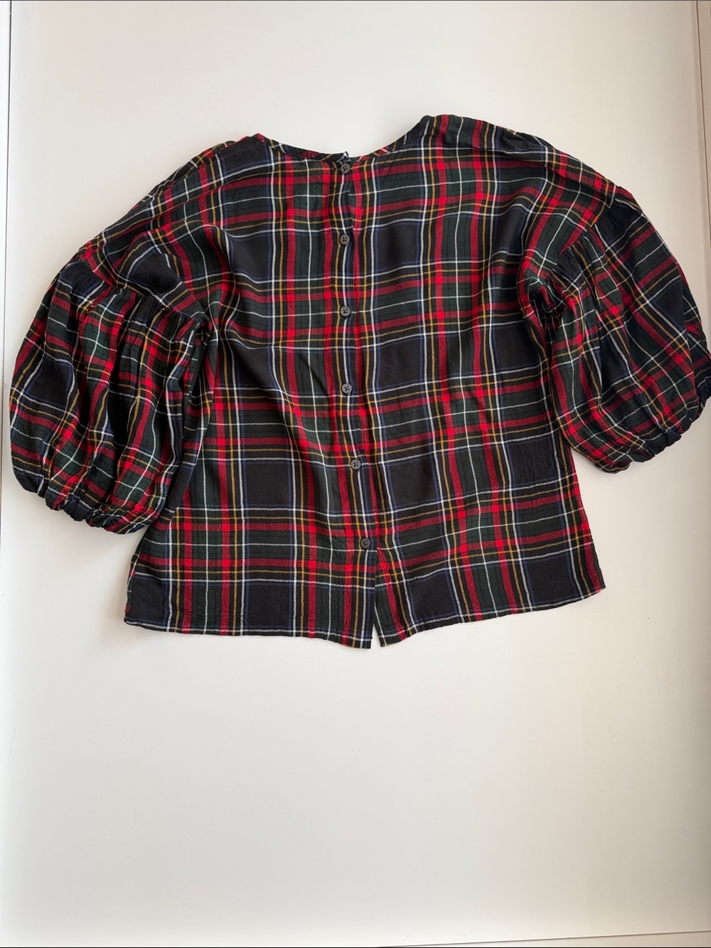 LOFT Tartan Puff-Sleeve Button-Back Top - Red, Navy & Green - Picture 2 of 4